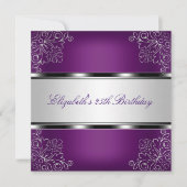 プラムパープルシルバーフラワーの25歳誕生日パーティー 招待状 (正面)