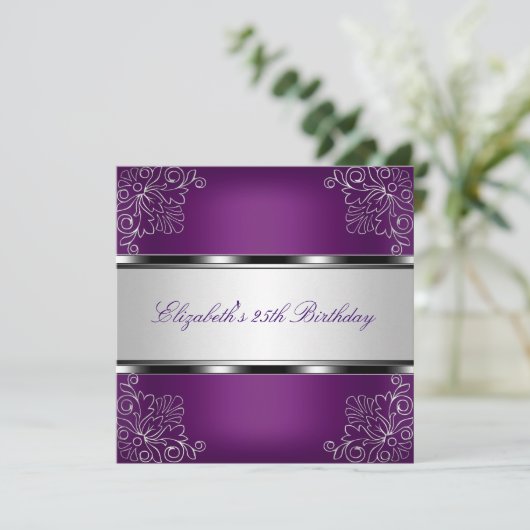 プラムパープルシルバーフラワー25歳誕生日パーティー 招待状 (スタンド正面)