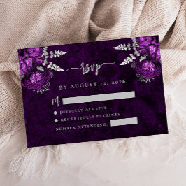 プラムパープルシルバーフローラルスクリプト 結婚式RSVP エンクロージャーカード