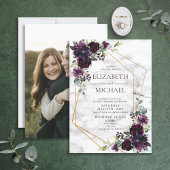 プラムパープルジオメトリック大理石フローラ写真結婚の数 招待状