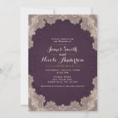 プラムパープルスエードレザーヴィンテージレース結婚ズ 招待状 (正面)