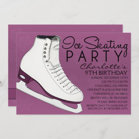 プラムパープルスケートメイトアイススケートで滑る誕生日パーティー 招待状 (正面/裏面)
