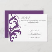 プラムパープルダマスエレガントク結婚式RSVP 出欠カード (正面/裏面)