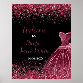プラムパープルドレスフェイクグリッターSweet16ウェルカム ポスター