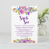 プラムパープルピンクとブルーの花のSip and See 招待状 (スタンド正面)