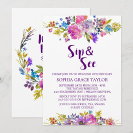 プラムパープルピンクとブルーの花のSip and See 招待状