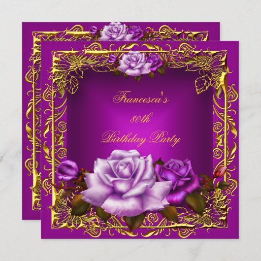 プラムパープルピンクローズ金ゴールドエレガント誕生日5b 招待状 (正面/裏面)