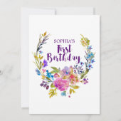 プラムパープルピンク＆ブルーの花の1歳誕生日 招待状 (裏面)