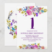 プラムパープルピンク＆ブルーの花の1歳誕生日 招待状 (正面/裏面)