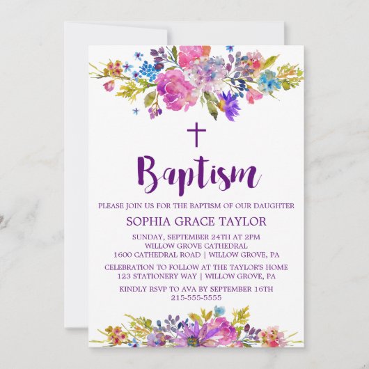 プラムパープルピンク&ブルーフラワーバプテスマ 招待状 (正面)