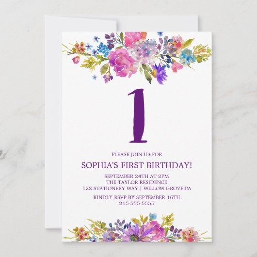 プラムパープルピンク&ブルーフラワーファースト誕生日 招待状 (正面)