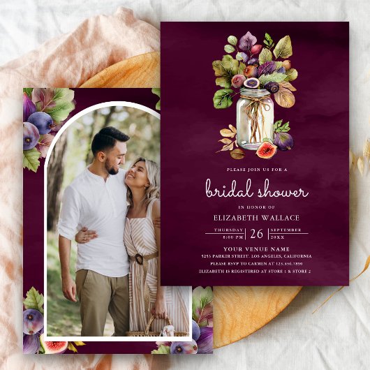 プラムパープルフィグメイソンジャール写真ブライダルシャワー 招待状