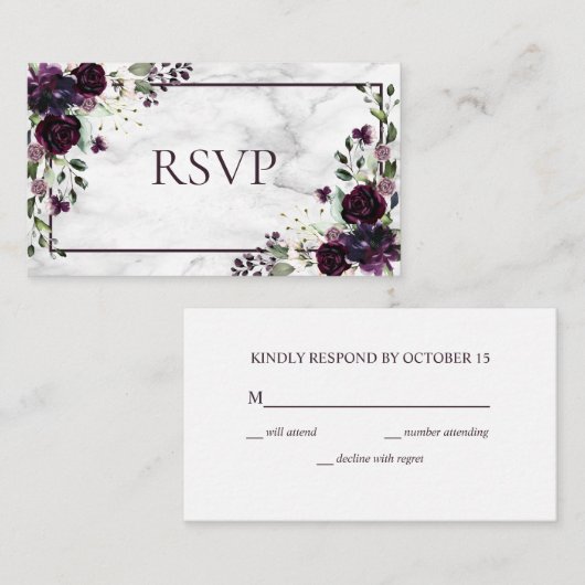 プラムパープルフラワーマーブル秋ウィンターウェディングSVP エンクロージャーカード (正面/裏面)
