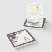 プラムパープルフローラスクリプト名モノグラムイニシャル ストーンコースター (横)