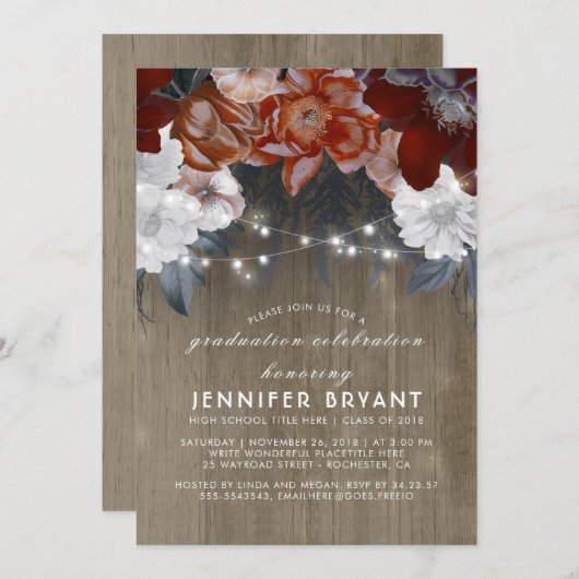 プラムパープルフローララ素朴イト卒業パーティー 招待状 (正面/裏面)