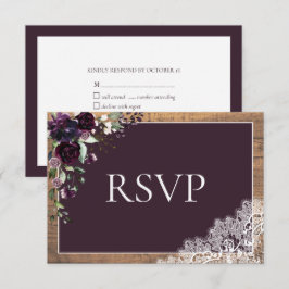 プラムパープルフローラレースウッドウェディングRSVP 出欠カード