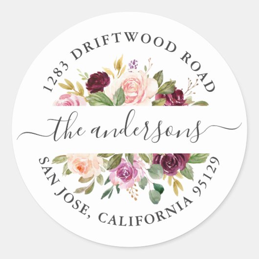 プラムパープルフローラ差出人住所封筒用シール ラウンドシール (正面)