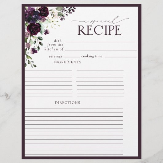 プラムパープルブライダルシャワーレシピバインダーページ (裏面)