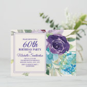 プラムパープルブルーの水彩花柄 60歳の誕生日 招待状 (スタンド正面)