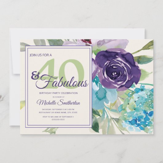 プラムパープルブルーウォーターカラーフローラ40と素晴らしい 招待状 (正面)