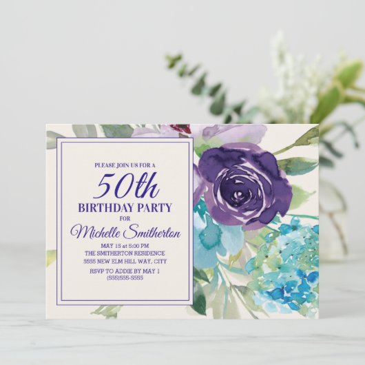 プラムパープルブルーウォーターカラーフローラ50誕生日 招待状 (スタンド正面)