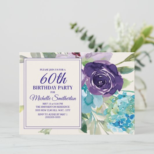 プラムパープルブルーウォーターカラーフローラ60誕生日 招待状 (スタンド正面)
