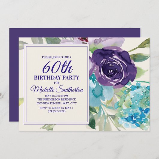 プラムパープルブルーウォーターカラーフローラ60誕生日 招待状 (正面/裏面)