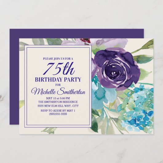 プラムパープルブルーウォーターカラーフローラ75誕生日 招待状 (正面/裏面)