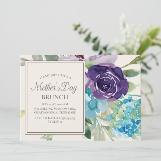 プラムパープルブルーウォーター色フローラ母の日 招待状 (スタンド正面)