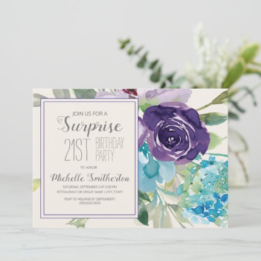 プラムパープルブルーフローラサプライズ21歳の誕生日 招待状 (スタンド正面)