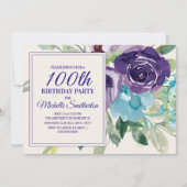 プラムパープルブルー水彩フラワー100歳の誕生日 招待状 (正面)