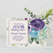プラムパープルブルー水彩フラワー100歳の誕生日 招待状 (スタンド正面)