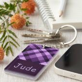 プラムパープルプレイドモノグラム長方形キーチェーン キーホルダー (正面右)