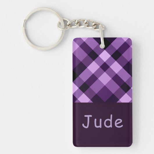 プラムパープルプレイドモノグラム長方形キーチェーン キーホルダー (正面)