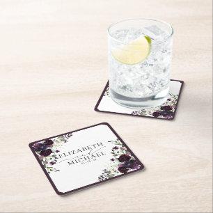 プラムパープルマウヴフローラ水彩画結婚本 スクエアペーパーコースター