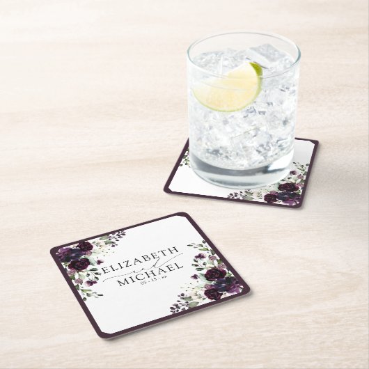 プラムパープルマウヴフローラ水彩画結婚本 スクエアペーパーコースター (インサイチュ)