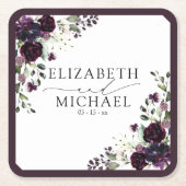 プラムパープルマウヴフローラ水彩画結婚本 スクエアペーパーコースター (正面)