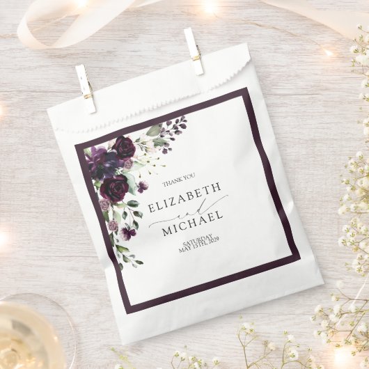 プラムパープルマウヴフローラ水彩画結婚本 フェイバーバッグ (クリップ留めされた状態)