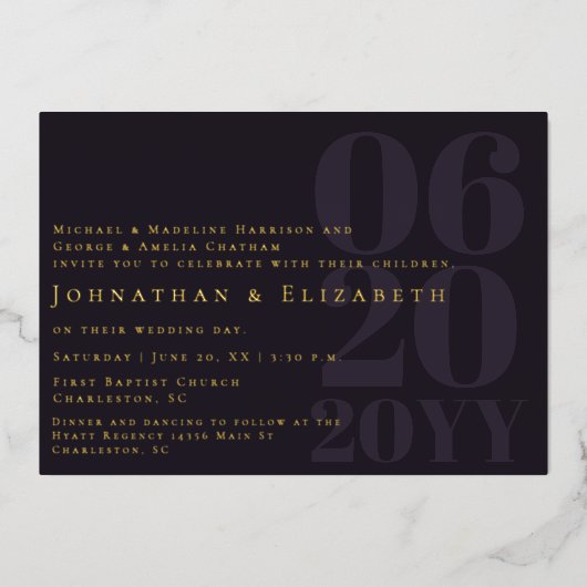 プラムパープルミニマルはっきりしたリストタイプ結婚写真 箔招待状 (正面)