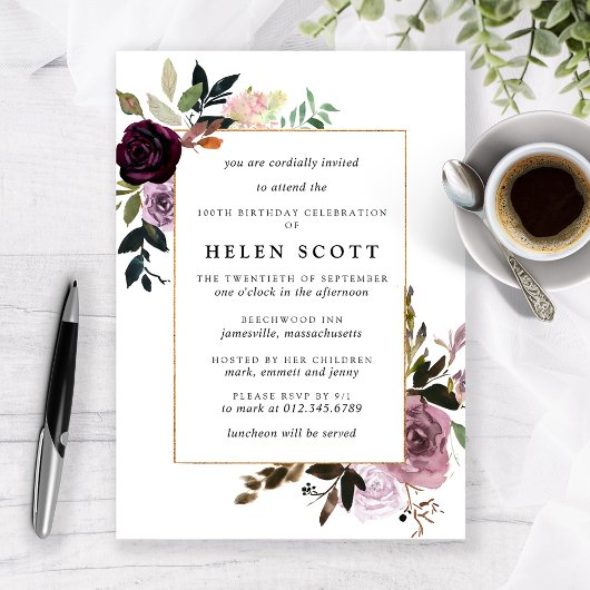 プラムパープルメイブピンクフローラ100誕生日 招待状