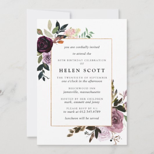 プラムパープルメイブピンクフローラ80誕生日 招待状 (正面)