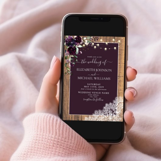 プラムパープルラスティックウッドレーススクリプトウェディング 招待状