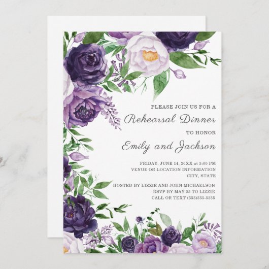 プラムパープルラベンダーウォーターカラーフローラリハーサル 招待状 (正面/裏面)