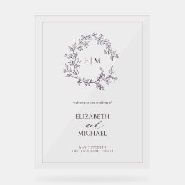 プラムパープルリーフェリークレストモノグラムウェルカム結婚ズ アクリルサイン