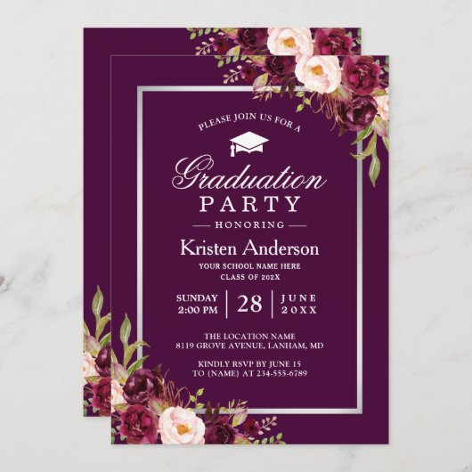 プラムパープルレッドフローラ写真卒業パーティー 招待状 (正面/裏面)
