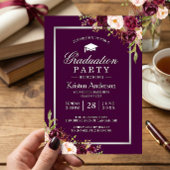 プラムパープルレッドフローラ写真卒業パーティー 招待状