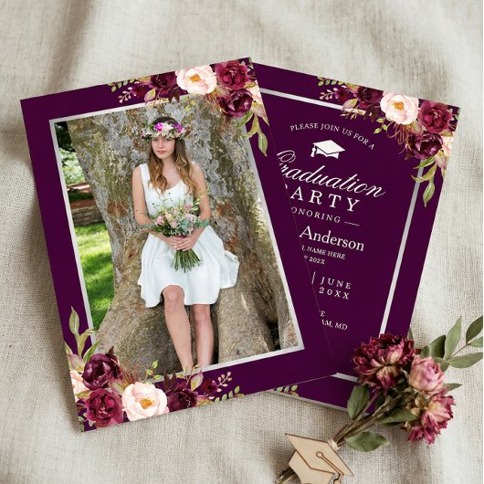 プラムパープルレッドフローラ写真卒業パーティー 招待状