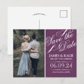 プラムパープルヴィンテージスクリプト写真の保存日付 案内ポストカード (正面/裏面)