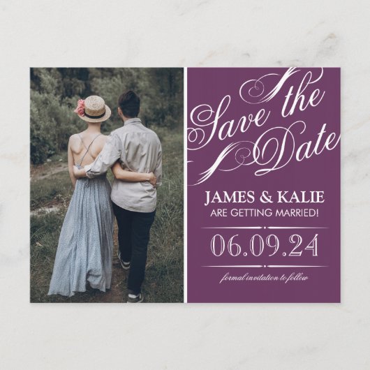 プラムパープルヴィンテージスクリプト写真の保存日付 案内ポストカード (正面)