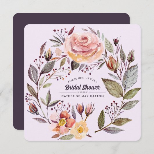 プラムパープル秋のフローラブライダルシャワー招待 招待状 (正面/裏面)